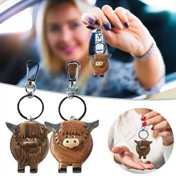Деревянный брелок для ключей Highland Cattle Creative Cow PVC Key Chain Backpack Подвеска light brown-wooden