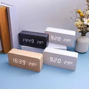 Деревянный будильник с большим светодиодным экраном, легко читаемый, регулируемый цифровой будильник с функцией повтора и дисплеем температуры чёрный
