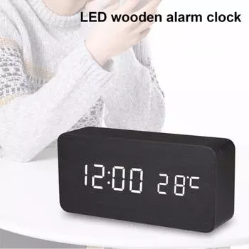 Деревянный будильник Yousheng с большим светодиодным экраном, легко читаемый, затемняемый, цифровой будильник с функцией повтора и дисплеем температуры чёрный