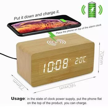 Деревянный цифровой будильник с беспроводной зарядкой, 3 будильника, светодиодный дисплей, управление звуком для спальни хаки