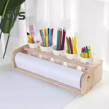 Деревянный держатель для бумаги, настольный держатель для рулонов бумаги, органайзер для рулонов бумаги для рисования с держателем для ручек для школы, художественной студии, дома