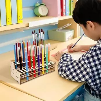 Деревянный держатель для кистей, 75 отверстий, настольная подставка, органайзер для хранения ручек, большая емкость, 2 уровня, отделение для художественных инструментов, стойка для демонстрации на стене стола цвет старого дерева