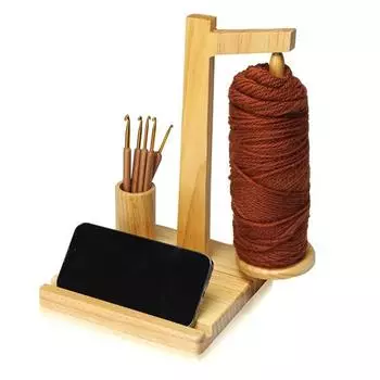 Деревянный держатель для пряжи с держателем для телефона, вращающийся маятник, вращающаяся машинка для вязания крючком и пряжей