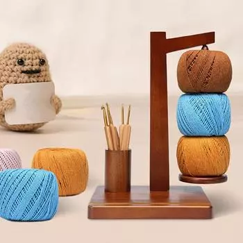 Деревянный держатель для пряжи с держателем для телефона Вращающийся маятник Вязание крючком Пряжа для клубков пряжи Магнитный диспенсер для пряжи Подставка Органайзер для хранения