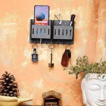 Деревянный держатель ключей для дома | Стильная подставка для ключей | Настенный держатель ключей | Настенные держатели ключей | Вешалка для ключей (7 крючков, МДФ серый) серый