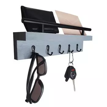 Деревянный держатель ключей с полкой для почты для настенного входа. Декоративная настенная деревянная вешалка с крючками для подвешивания ключей, пальто, шляп. серый