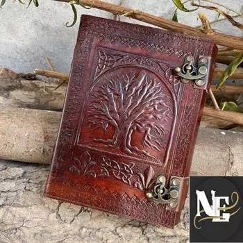 Деревянный дневник-журнал «Дерево жизни» Большой кожаный блокнот, рождественский подарок ручной работы, кожаный блокнот, кожаный журнал 10 x 7 in коричневый