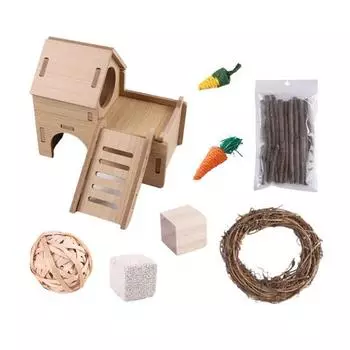 Деревянный домик-укрытие для хомяка, аксессуары для клетки, набор из 8 натуральных жевательных игрушек с плетеным морковным шариком и палочками для кролика, зайца, шиншиллы, морских свинок, песчанок 1 Set