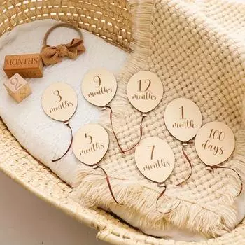 Деревянный ежемесячный этап Деревянный воздушный шар-этап для фотосъемки Реквизит для дня рождения ребенка Деревянный воздушный шар-этап для девочек и детей