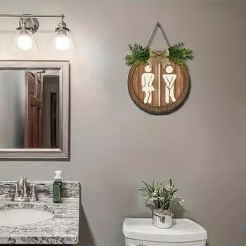 Деревянный гендерный тег туалетная прачечная знак с бантом деревенский подвесной знак с искусственными зелеными листьями для ванной комнаты прачечная декор B
