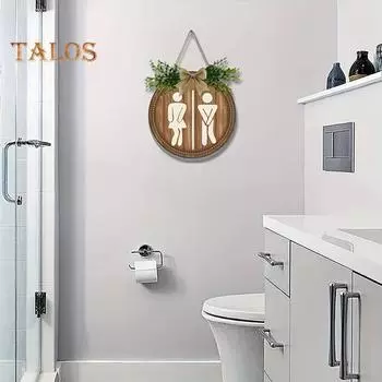 Деревянный гендерный тег туалетная прачечная знак с бантом деревенский подвесной знак с искусственными зелеными листьями для ванной комнаты прачечная декор A