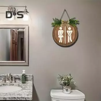 Деревянный гендерный тег туалетная прачечная знак с бантом деревенский подвесной знак с искусственными зелеными листьями для ванной комнаты прачечная декор A