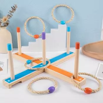 Деревянный игровой набор для метания колец. Интерактивная игра для детей и взрослых на открытом воздухе и в помещении. Полный деревянный набор с кольями и кольцами. синий