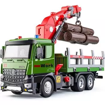 Деревянный игрушечный грузовик в масштабе 1/24, металлическая кабина, деревянный грузовик с фрикционным приводом, оснащенный полнофункциональным погрузочным краном и 3 загружаемыми бревнами, светом и звуком, 1/24-Size:27*27*8cm зелёный