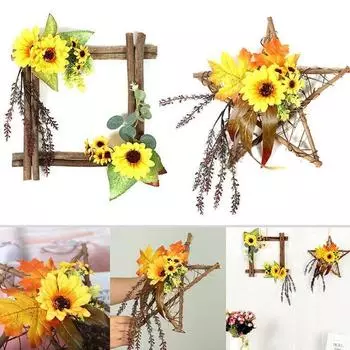 Деревянный искусственный кулон-подсолнух, квадратная пятизвездочная гирлянда, солнечный цветок, украшение на стену, искусственное Five-star