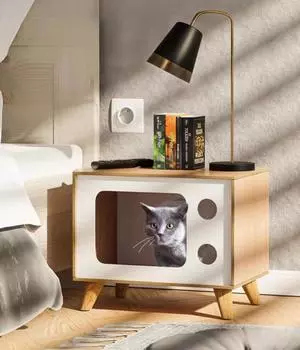 Деревянный кошачий домик, кошачья квартира для больших домашних кошек, деревянный котенок, скрытая пещера, телевизор, кровать для кошек, мебель с подушкой и когтеточкой, натуральное дерево 50*29*40cm белый