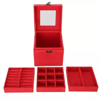 Деревянный красный однотонный трехслойный футляр для хранения ювелирных изделий