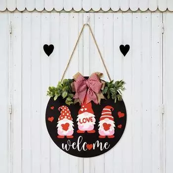 Деревянный круглый подвесной знак в деревенском стиле, декор в клетку с бантом, дверная тарелка с принтом гнома и подвесным орнаментом на ремешке, домашний декор красный/чёрный