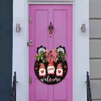 Деревянный круглый подвесной знак в деревенском стиле, декор в клетку с бантом, дверная тарелка с принтом гнома и подвесным орнаментом на ремешке, домашний декор