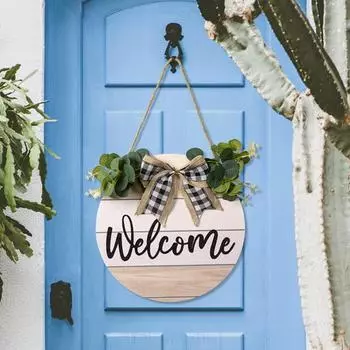 Деревянный круглый подвесной знак в деревенском стиле, декор в клетку с бантом, дверная пластина с буквенным принтом и ремешком, подвесное украшение для дома, домашний декор белый