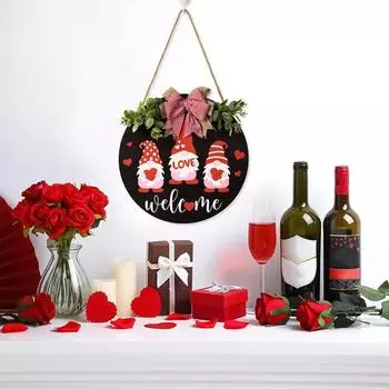 Деревянный круглый подвесной знак в деревенском стиле, декор в клетку с бантом, дверная тарелка с принтом гнома и подвесным орнаментом на ремешке, домашний декор чёрный/красный