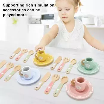 Деревянный кухонный игрушечный набор для детей, деревянная столовая посуда, игровой набор с тарелками, чашками, столовыми приборами и держателями, имитация игрового домика, ролевая игрушка для кухни, подарок