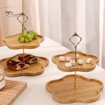 Деревянный многоярусный поднос для кексов, элегантная многоярусная подставка в форме цветка для фруктов, тортов, десертов, устойчивая бамбуковая подставка для вечеринок S Dual Layer