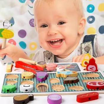 Деревянный набор игрушек для барбекю для малышей, имитирующий приготовление пищи на гриле, соответствующая форма игры, игрушка-гриль для мальчиков и девочек 3, 4, 5, 6 лет