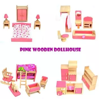 Деревянный набор мебели для кукольного домика с аксессуарами для кукольного домика розовый