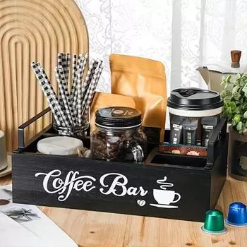 Деревянный органайзер для кофейного бара, органайзер для кофейных зерен с ящиком или металлической ручкой для переноски,(1/2-уровневый)