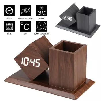Деревянный пенал для ручек с голосовым управлением, питание от батареек, офисное украшение с температурными светодиодными часами, светодиодный цифровой держатель для ручек, будильник Black Wood