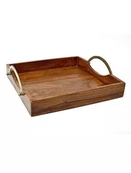 Деревянный поднос с металлическими ручками большой, Латунь, Wooden Sq. Tray With 2 Brass Handle Big, John Molly Decor&Gifts