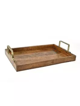 Деревянный поднос с металлическими ручками маленький, Латунь, Rectangle Tray With Brass Handle Small, John Molly Decor&Gifts