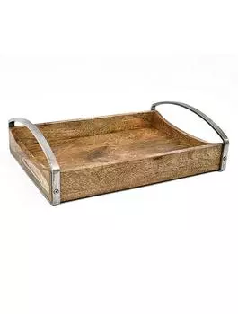 Деревянный поднос с металлическими ручками маленький, Никель, Wooden Tray With Nickel Handle Small, John Molly Decor&Gifts