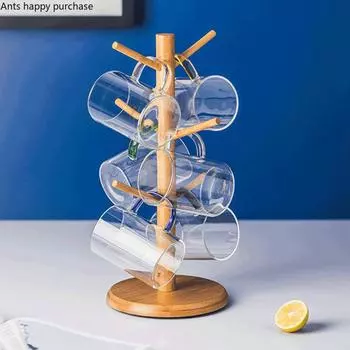 Деревянный подстаканник Прозрачный стеклянный стакан с ручкой Шестисекционный костюм Подстаканник для слива Кружка Перевернутая стойка для хранения Держатели для стаканов