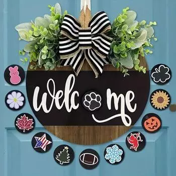 Деревянный приветственный знак, деревенский круглый дверной знак со сменными аксессуарами, приветственный знак в виде венка с бантом из искусственной зелени 30*30cm