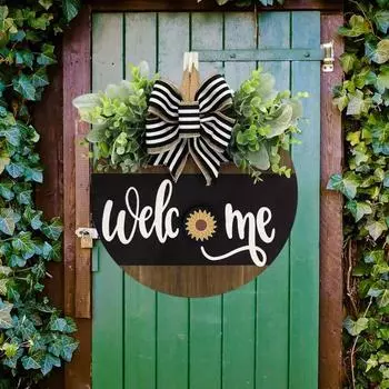 Деревянный приветственный знак, деревенский круглый дверной знак со сменными аксессуарами, приветственный знак в виде венка с бантом из искусственной зелени для входной двери 30*30cm