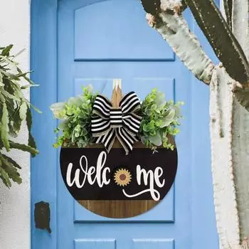 Деревянный приветственный знак, деревенский круглый дверной знак со сменными аксессуарами, венок, приветствие 30*30cm