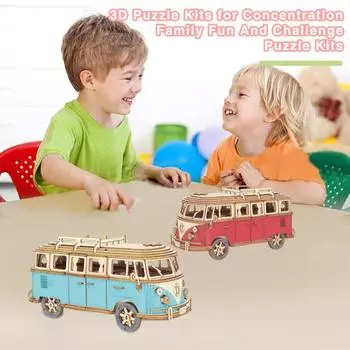 Деревянный Ретро Автобус 3D Головоломка Набор Навыков Рук Улучшение Снятия Стресса Творческое Строительство Дети Образовательные синий