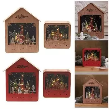 Деревянный рождественский ночник светодиодный зимний снежный пейзаж настольный декор на батарейках рождественский стол B