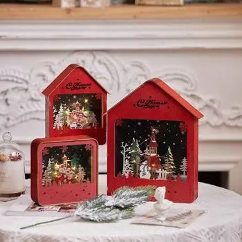 Деревянный рождественский ночник светодиодный зимний снежный пейзаж настольный декор на батарейках рождественский стол B