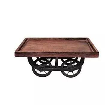 Деревянный сервировочный прямоугольный поднос с подвижными колесами - коричневый