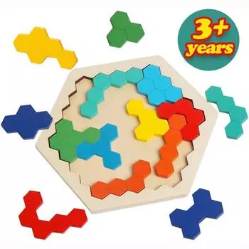 Деревянный шестигранник-головоломка, головоломка, танграм, головоломка, форма, узор, блок, красочная игрушка, геометрия, логика, игра IQ, STEM, Монтессори, образовательный подарок 18.5x16cm