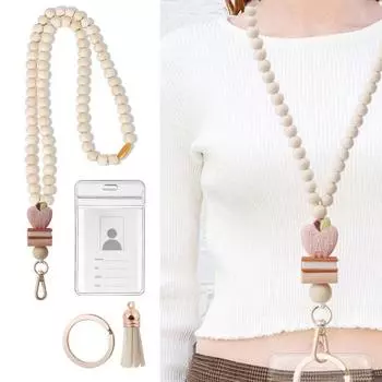 Деревянный шнурок для удостоверения личности, шнурок для учителя с держателем удостоверения личности, брелок в стиле бохо, шнурок с бусинами, подвеска из натуральной деревянной бусины A