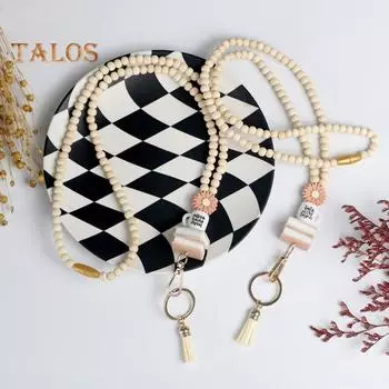 Деревянный шнурок для удостоверения личности, шнурок для учителя с держателем удостоверения личности, брелок в стиле бохо, шнурок с бусинами, подвеска из натуральной деревянной бусины A