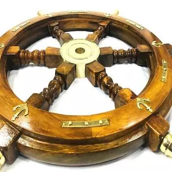 Деревянный штурвал диаметром 45,72 см с ручкой и якорем.. Подарочный предмет