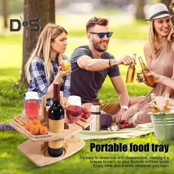 Деревянный стол для пикника, переносной поднос для еды с держателем для бокалов вина, мини-поднос для закусок для мероприятий на открытом воздухе, пляжного кемпинга, переносной съемный винный столик цвет старого дерева