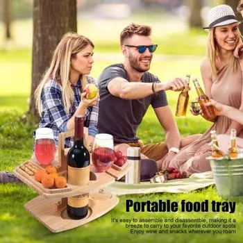 Деревянный стол для пикника, переносной поднос для еды с держателем для бокалов вина, мини-поднос для закусок для мероприятий на открытом воздухе, пляжного кемпинга, переносной съемный винный столик цвет старого дерева