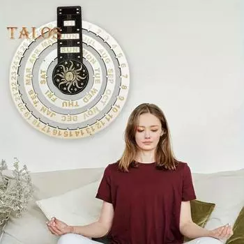 Деревянный вращающийся круглый вечный календарь с лунным деревом и солнцем, круглый циферблат, вечный календарь, настенный календарь для декора стола A
