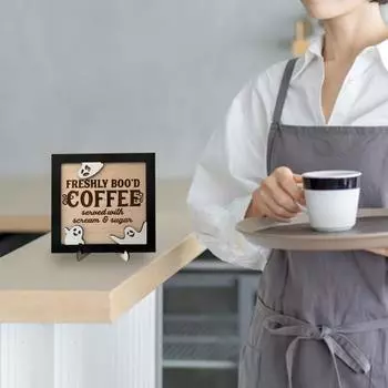 Деревянный журнальный столик на Хэллоуин с подставкой, украшение для кофейного бара с мультяшным призраком, рама из цельного дерева, черная, кофейный настольный орнамент 15x15cm кофейный